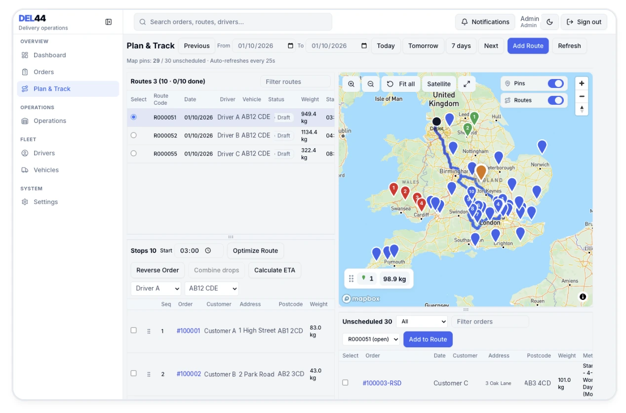 Plan and Track screen with routes, UK map pins and unscheduled orders